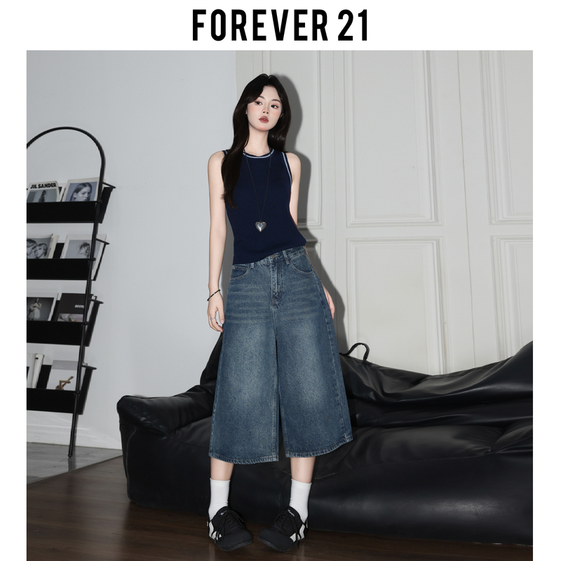 Forever 21 Retro Blue High-Waisted Wide-Leg Cropped Jeans for Women, American Style Versatile Loose Drape Straight-Leg Mid-Length Pants