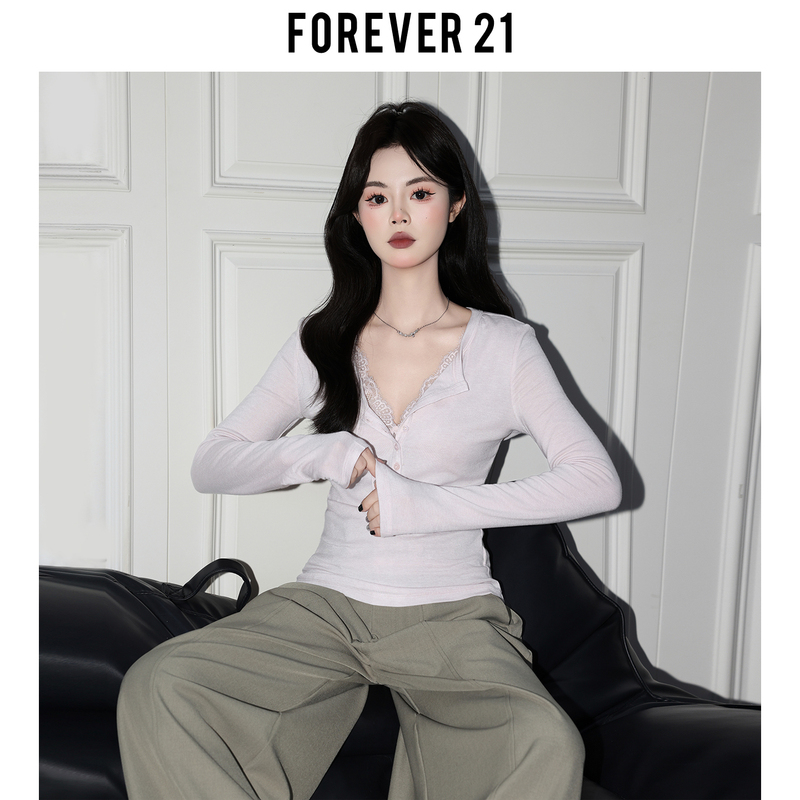 Forever21 Pure Desire Lace Patchwork Henry Collar Base Shirt for Women, Beautiful Purple Slim-Fit Long-Sleeve T-Shirt Top