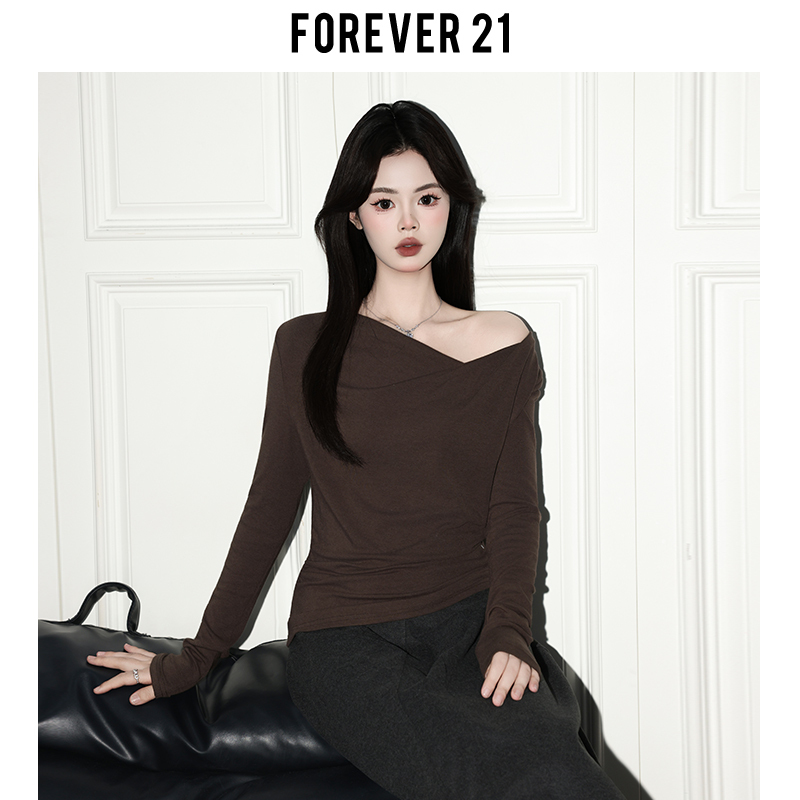 Forever21 Autumn Melard Irregular Collar T-Shirt for Women, Super Stylish Coffee Color Slim Fit Long Sleeve Top