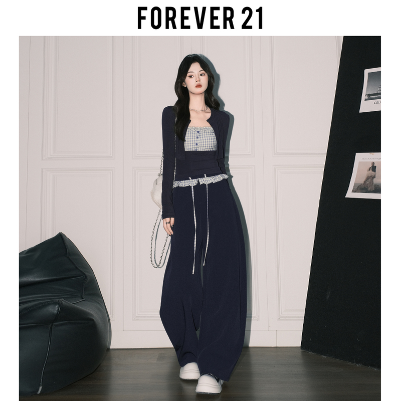 Forever 21 Sweet and Spicy Plaid Patchwork Camisole Sun Protection Cardigan Women's High-Waisted Wide-Leg Casual Pants American Style Complete Set