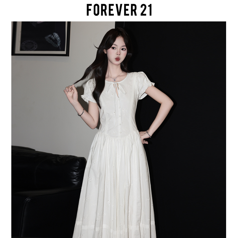 Forever 21 Stunning Elegant A-Line Waist-Cinching Tea Break Long Dress for Women, Spring White V-Neck Puff Short-Sleeve Dress Forever 21 Stunning Elegant A-Line Waist-Cinching Tea Break Long Dress for Women, Spring White V-Neck Puff Short-Sleeve Dress