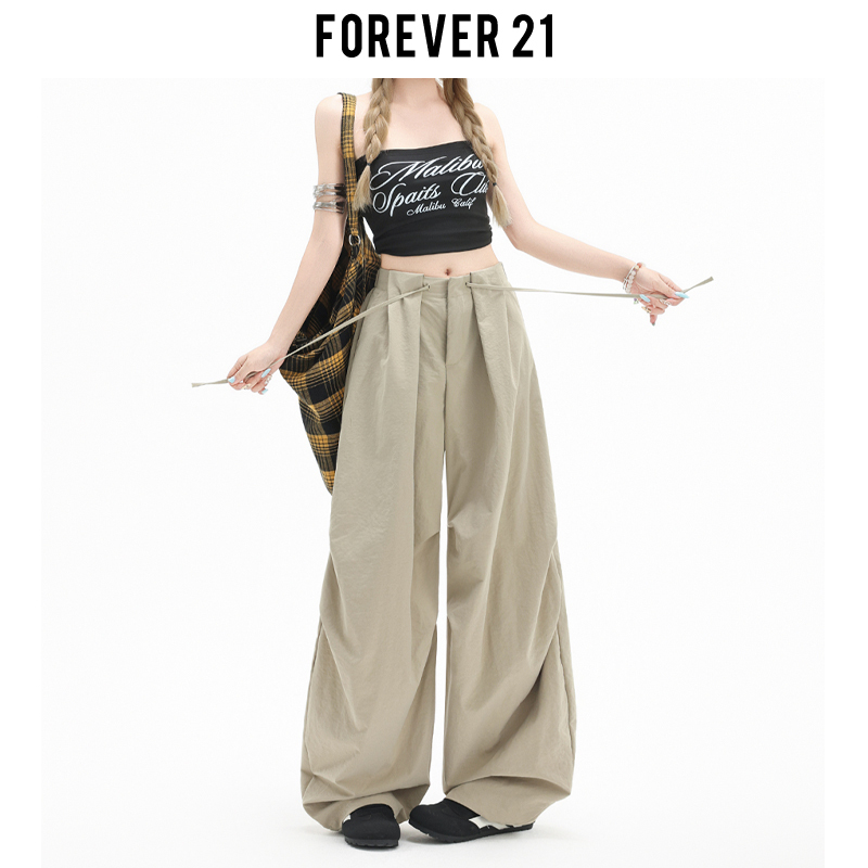 Forever 21 Niche High Street Loose Cargo Casual Pants for Women, Khaki High-Waisted Wide-Leg Quick-Dry Parachute Pants