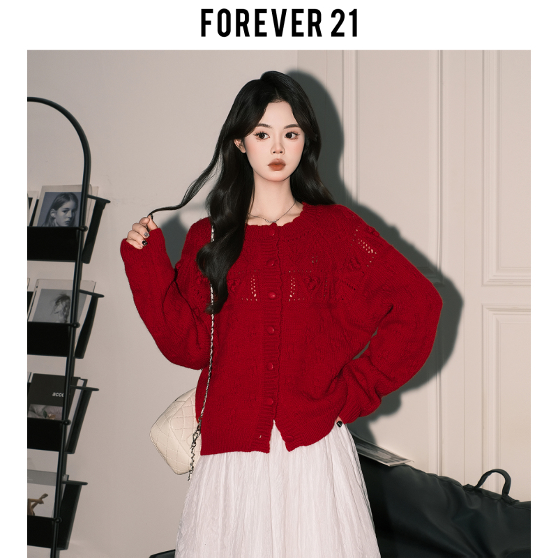 Forever 21 Super Stylish New Year Red Knit Cardigan Jacket for Women 2026 Spring Loose Round Neck Long Sleeve Sweater