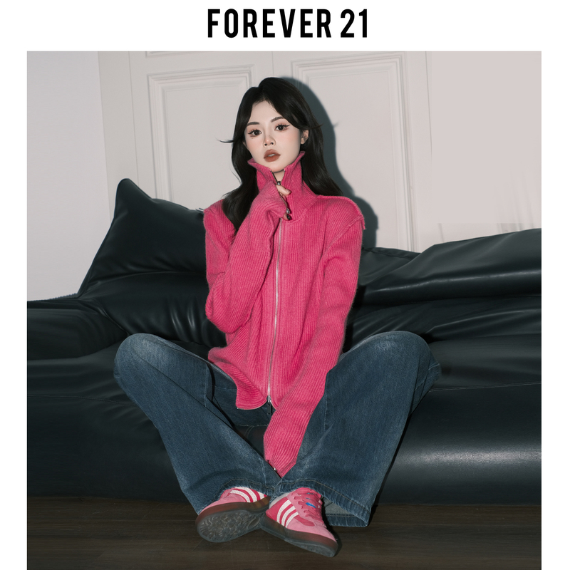 Forever 21 Sweet and Cool Pink Lapel Loose Knitted Cardigan for Women Winter American Style Double Zipper Soft Sweater Jacket Forever 21 Sweet and Cool Pink Lapel Loose Knitted Cardigan for Women Winter American Style Double Zipper Soft Sweater Jacket