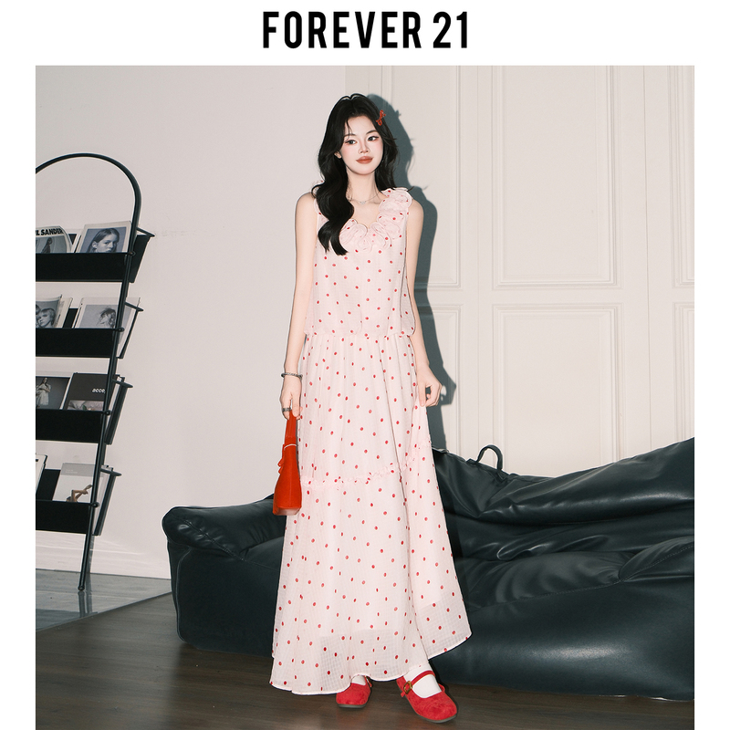 Forever21 Korean-Style Pink Polka Dot Ruffled Sleeveless Top and Sweet A-Line Tiered Long Skirt Beautiful Set