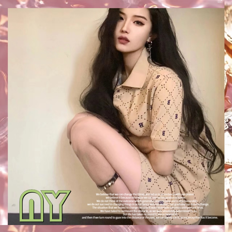 Korean Trendy Brand Diamond Monogram N.Y. Fashion Loose Slimming Polo Collar Short-Sleeve Casual Sports Dress for Women Summer