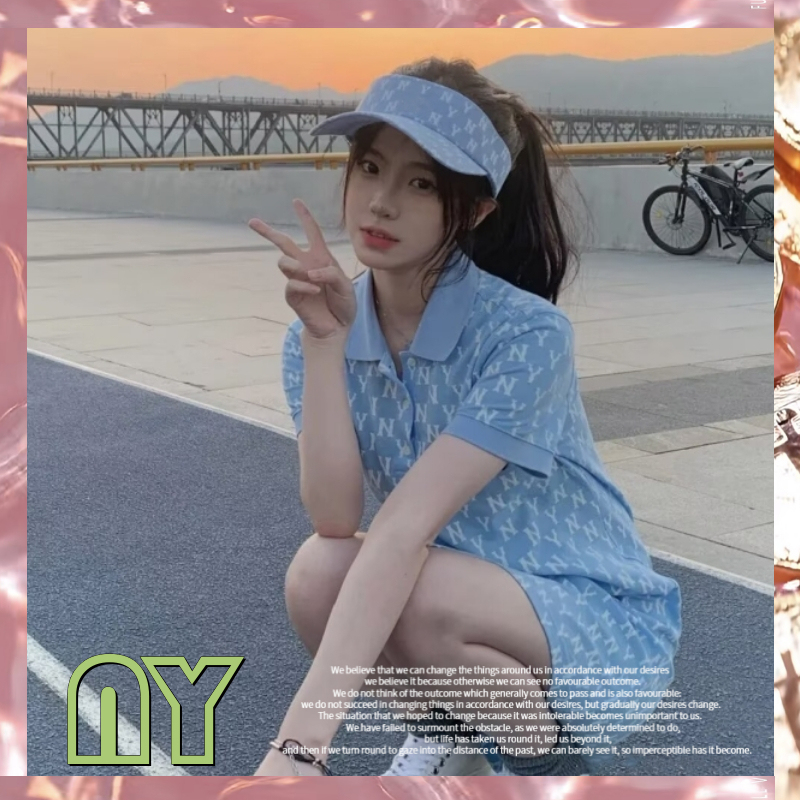 Korean Trendy Brand Polo Lapel Short-Sleeve Versatile Slimming N.Y. Monogram All-Over Print Casual Sports Dress for Women Summer
