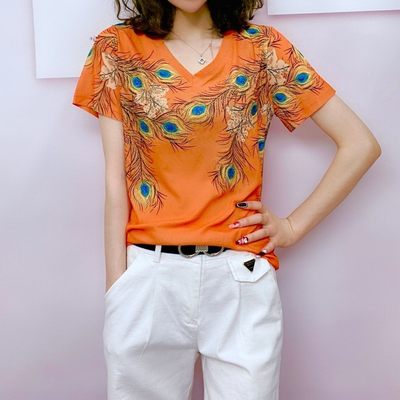 Chinese mother wear 2022 summer new V-neck printing hot drill short-sleeved T-shirt middle-aged slimming belly-covering top small shirt