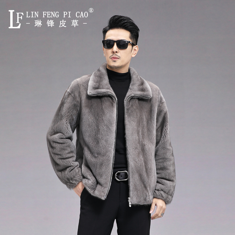2025 New American Imported Mink Fur Coat for Men, Full Mink Jacket, Short Haining Mink Fur, Stand-Up Collar, Drop Shoulder Sleeves