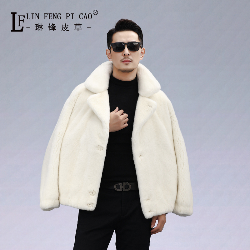2025 Winter New Style White Mink Fur Coat for Men, Whole Mink Casual Stand-Up Collar Suit Collar Fur Jacket, Mink Fur