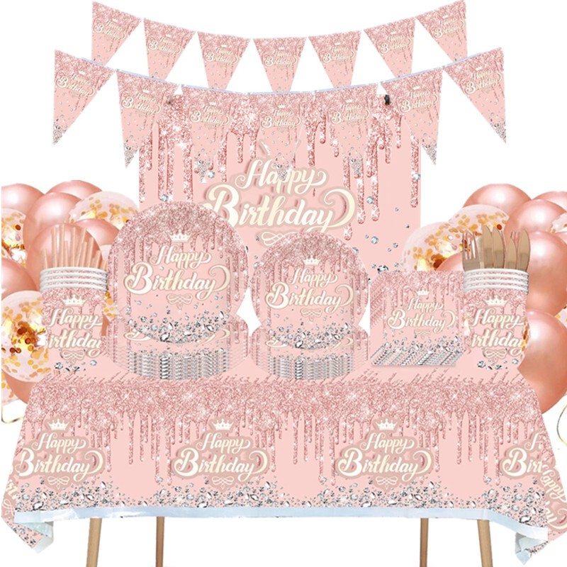 Rose Gold Diamond Gold Foil Adult Birthday Party Tableware Paper Plates Paper Cups Napkins Balloon Set Disposable Supplies