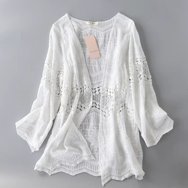 Летняя кружевная хлопковая кофта cardigan с длинным рукавом, одежда с защитой от солнца, накидка, куртка, оверсайз