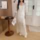 ພາກຮຽນ spring lazy ແບບແຂງສີ lace hollow skirt