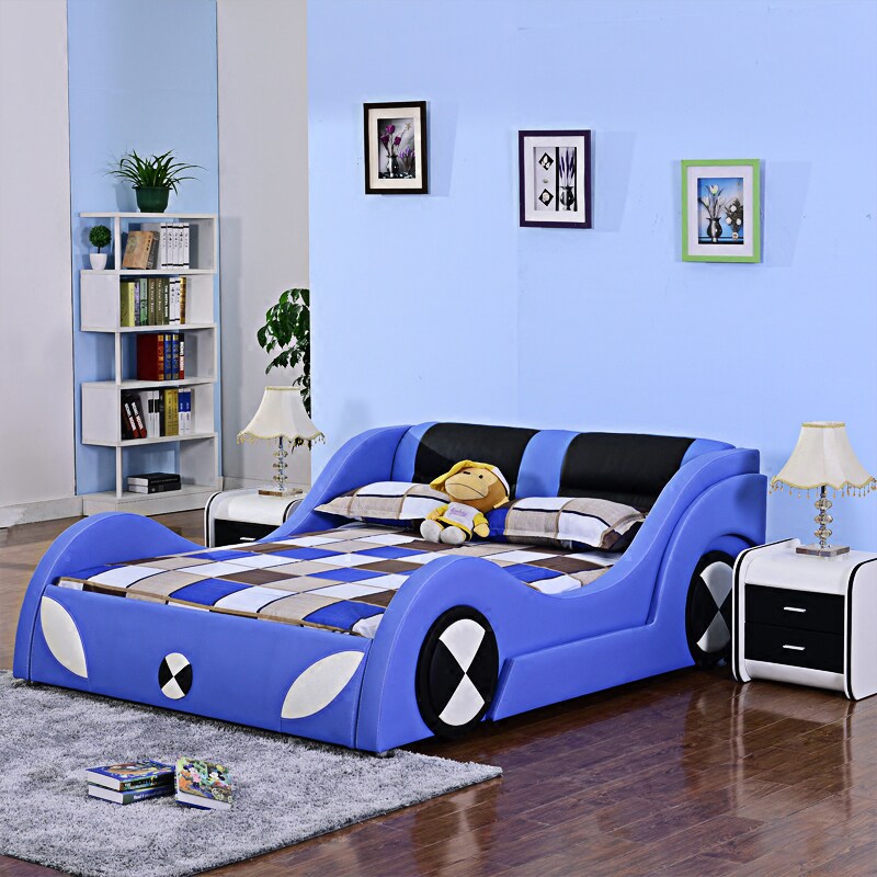 Simple modern cartoon leather bed BMW shape children's bed fashion boy and girl bed personality double bed
