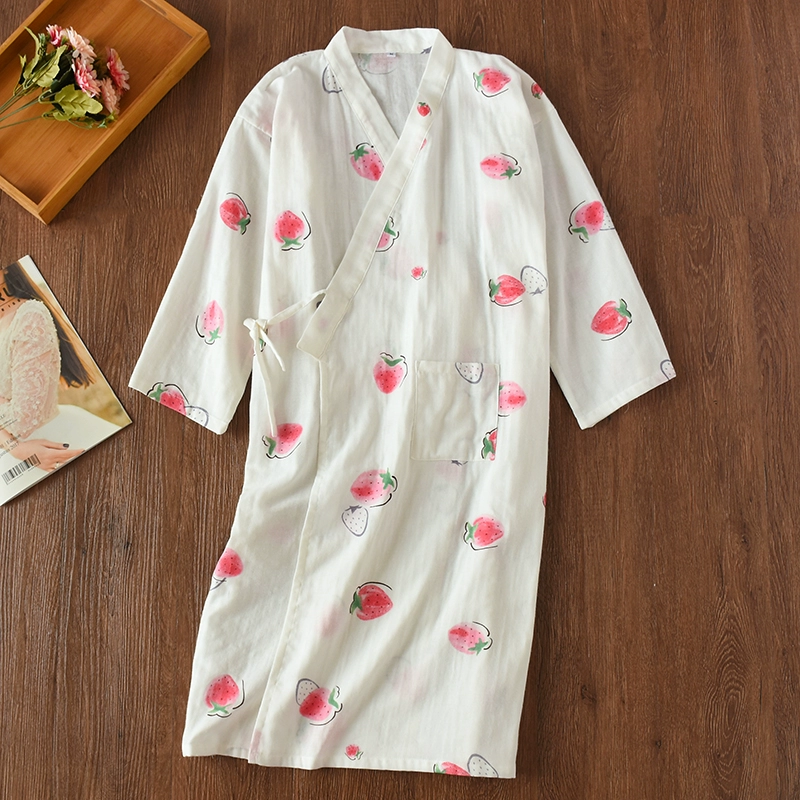 Áo choàng kimono nữ bằng vải cotton mỏng, áo choàng tắm bằng vải cotton, đồ ngủ, váy ngủ, váy ngủ ren mùa xuân và mùa thu mùa hè, dịch vụ tại nhà - Night Robe