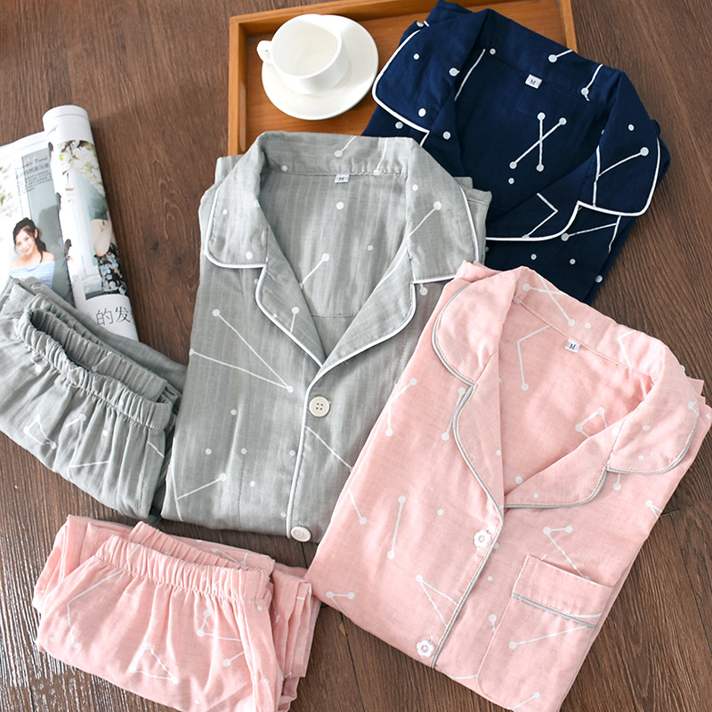Cặp đôi mẫu Nhật Bản mùa xuân và mùa hè mùa thu cotton gạc đồ ngủ nam và nữ cotton lỏng phiên bản mùa hè của bộ đồ dịch vụ gia đình nhà may đồ bộ đẹp