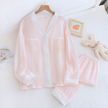 Day Family Pyjamas Pure Cotton Autumn Double Layer Gauze Lady Thin section Long sleeves Spring summer cardiovert full cotton Home Comforts Comfort Suit