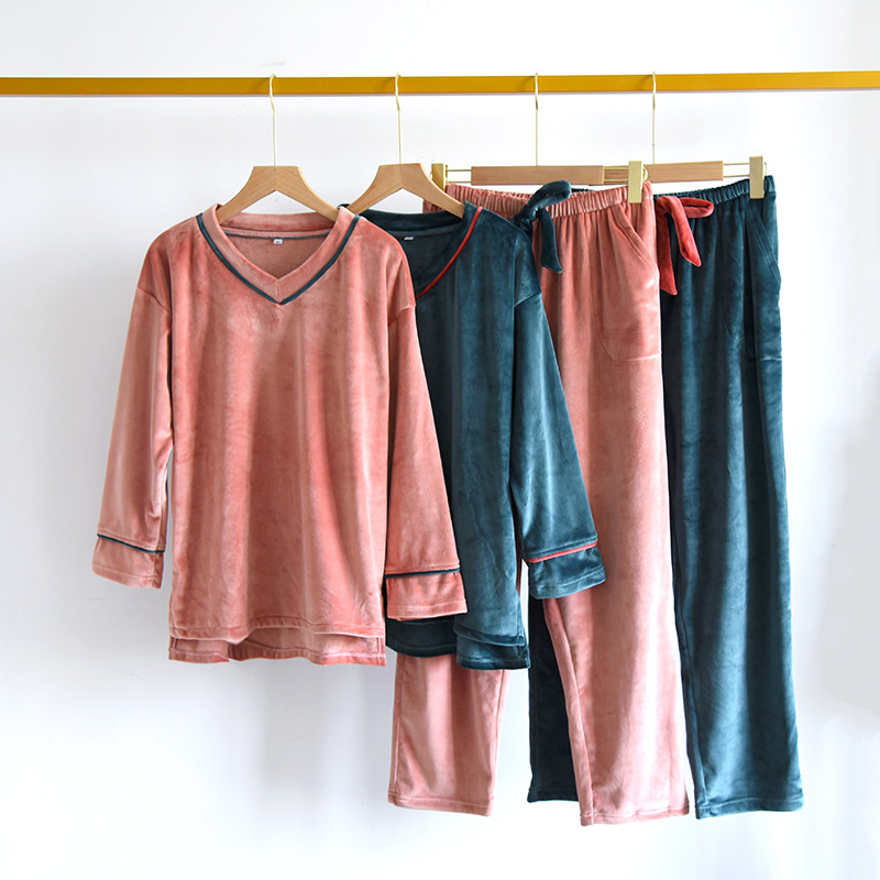 Spring Autumn Coral Suede Pajamas Woman Thin style Autumn Winter Sky Thickening Plus Suede Cover Head Flange Suede Island Suede Home Suit Suit