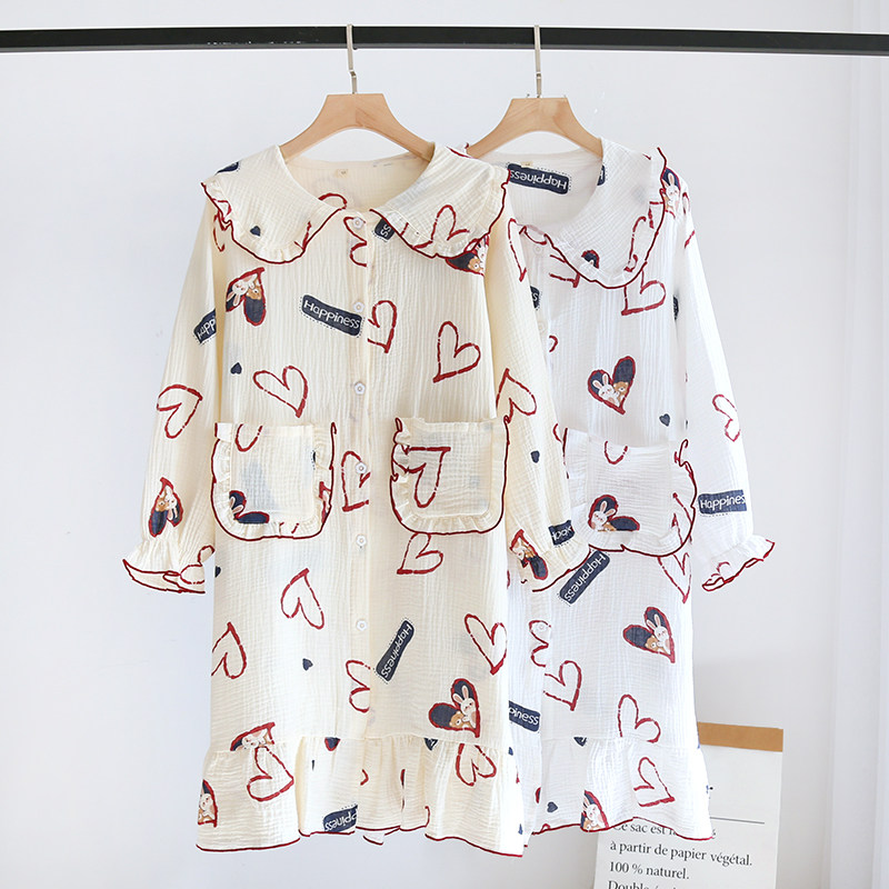 Sleeping Dress Woman Sleepwear Spring Autumn Double Layer Pure Cotton Gauze Cartoon Section Long Sleeve Summer Day Ensemble Cute Thin-style Home Skirt