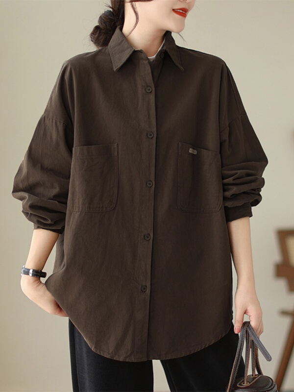 Spring and Autumn New Vintage Loose Casual Cotton Shirt Jacket Women's Top Plus Size Slimming Solid Color Lapel Shirt