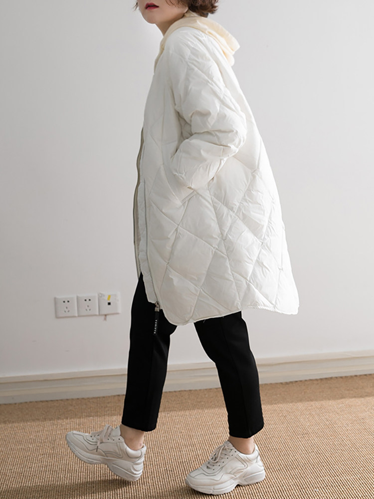 Feather 95 white duck down~medium and long version of diamond grid baseball collar down jacket jacket female