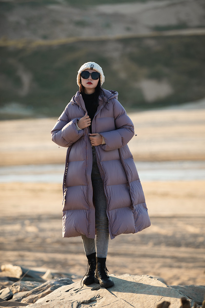 Yuwu 2022 long section 95 peace of mind white goose down light purple waist belt slimming down jacket women's hooded