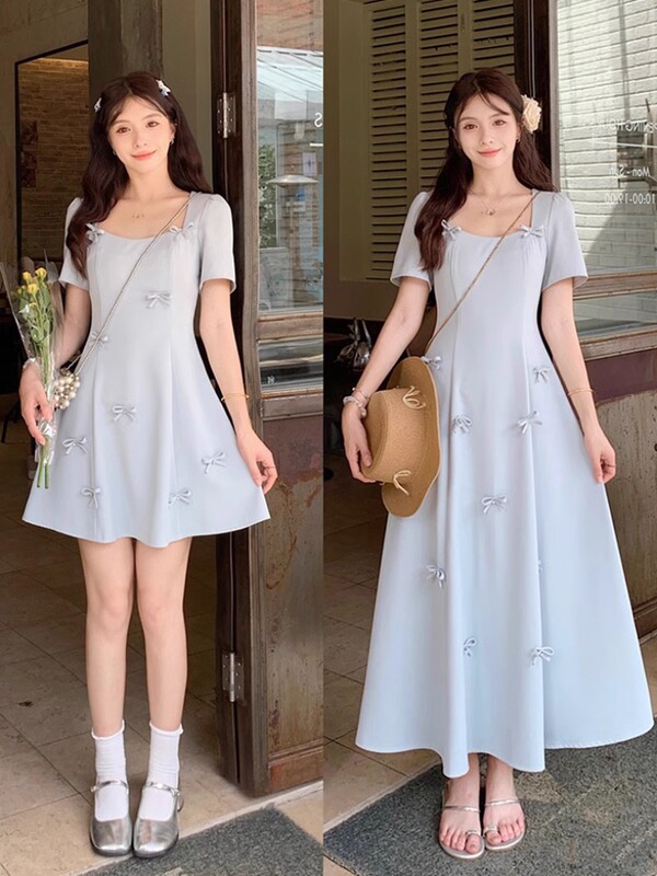 Plus-Size French-Style Bow Square-Neck Dress for Women, Summer, for Curvy Women, High-End, Waist-Cinching, Slimming, Elegant, Blue Long Dress