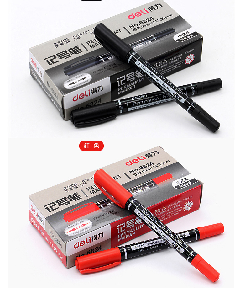 10pcs Delistar Twin Tip Permanent Marker Pen Waterproof Dry Fast 3Colors No.6824 
