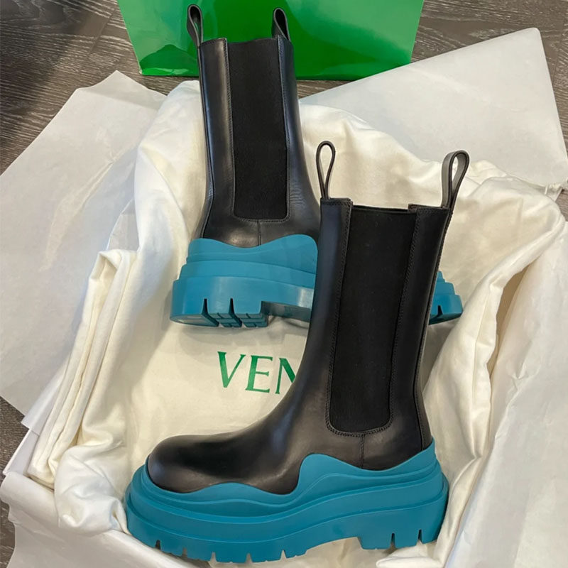 202 new DR BV wave bottom shining blue color matching leather ankle boots Chelsea large size men's and women's high sleeve boots