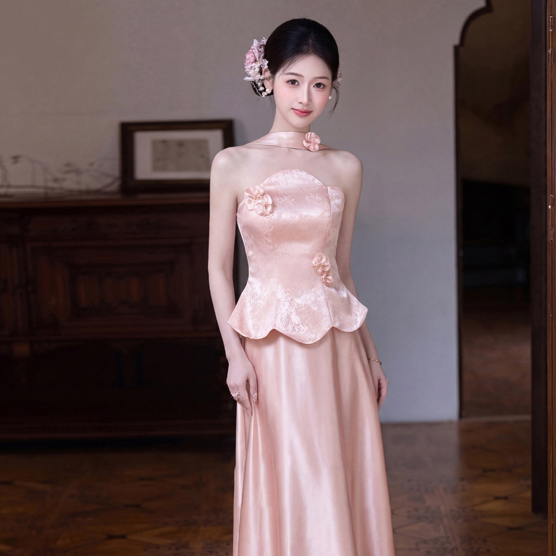 New Chinese-Style Pink Engagement Dress 2026 New Model Pink Morning Robe Bride's Toast Dress Petite High-End Summer Style New Chinese-Style Pink Engagement Dress 2026 New Model Pink Morning Robe Bride's Toast Dress Petite High-End Summer Style