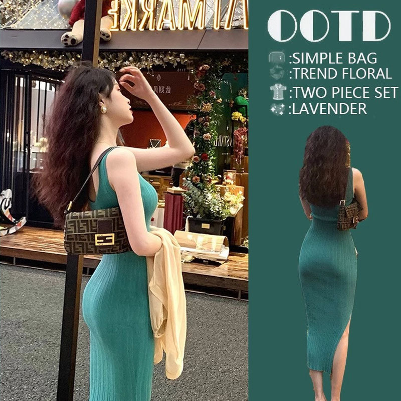 Green Sexy Pure Desire Style Ice Silk Knitted Camisole Dress for Women, Summer High-End Slit Bodycon Tank Top Long Dress
