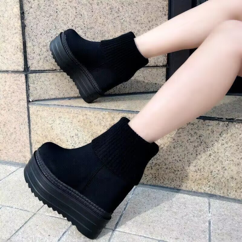 Wedge Super High Heel Short Boots 15cm Nightclub Sexy Waterproof Platform Thick-Soled Elastic Mid-Calf Boots with Inner Height Increase and Fleece Lining Women's Shoes Wedge Super High Heel Short Boots 15cm Nightclub Sexy Waterproof Platform Thick-Soled Elastic Mid-Calf Boots with Inner Height Increase and Fleece Lining Women's Shoes