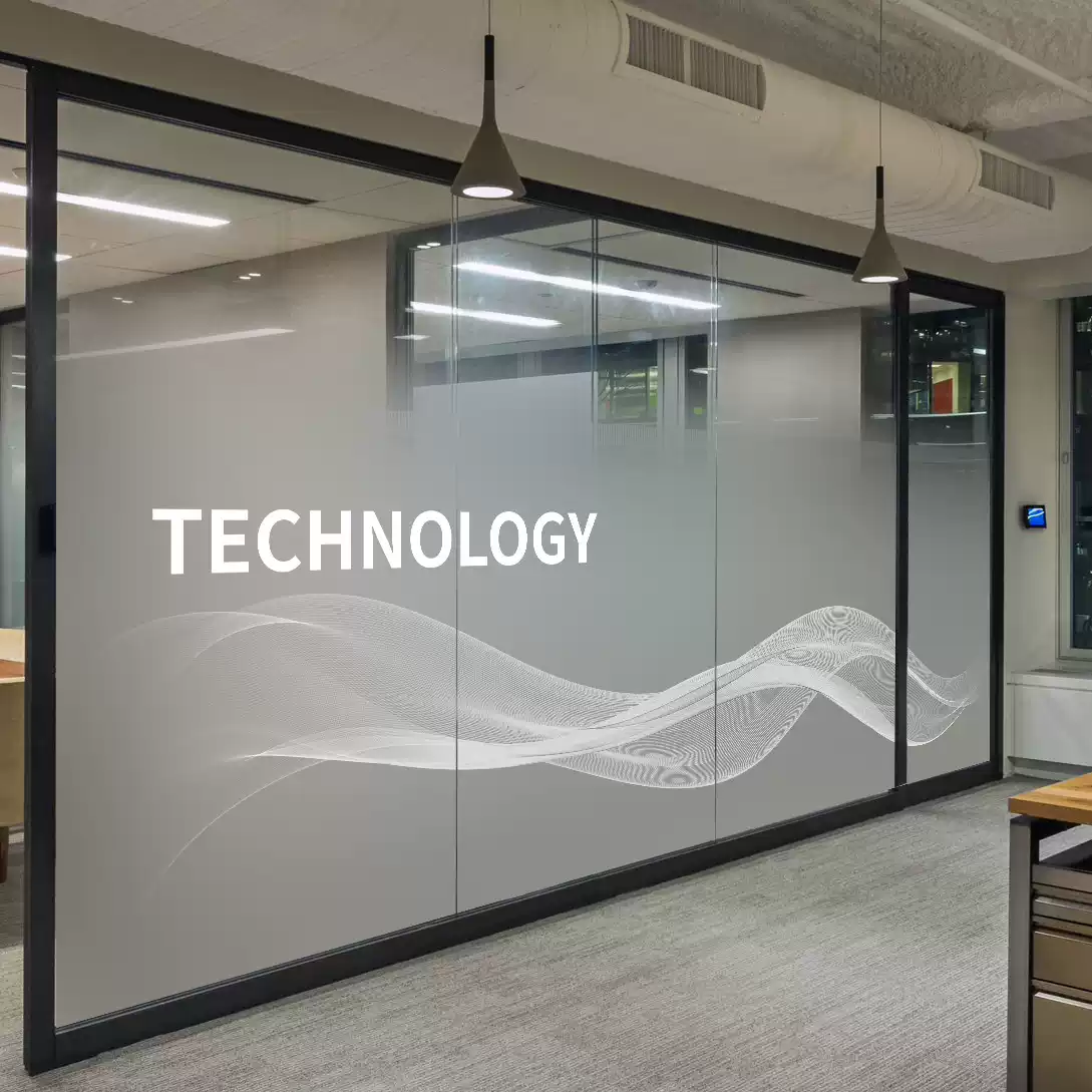 商务贸易公司透明渐变磨砂玻璃贴膜会议室科技线条办公室防爆贴膜