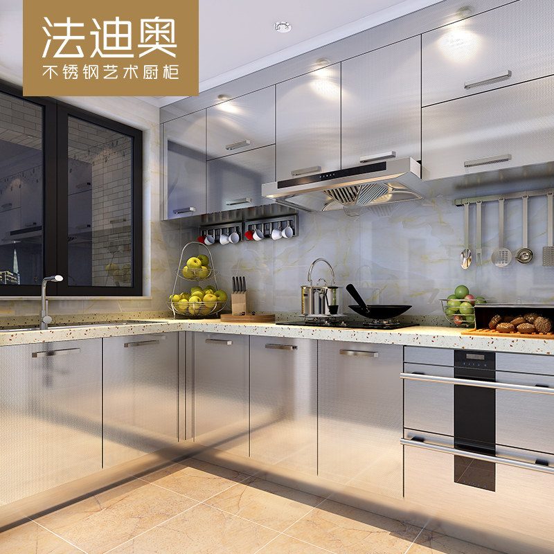 Fadio stainless steel overall cabinet kitchen custom whole? Simple open-ended all-room with quartz stone countertop