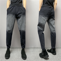 2021 Youth Fall Mens Micro-Play Jeans Mid Waist Tightness 100 Hitch Tide Splicing Straight Cylinder Small Footed Kharen Pants