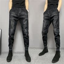 Winter mens plus suede thickened swearty jeans washed bunches 100 hitching youth mid-waist tightness small-footed pencil pants