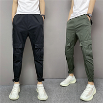 Overalls mens thin slim small feet casual pants Tide brand straight tube Velcro Korean version of net red summer trousers