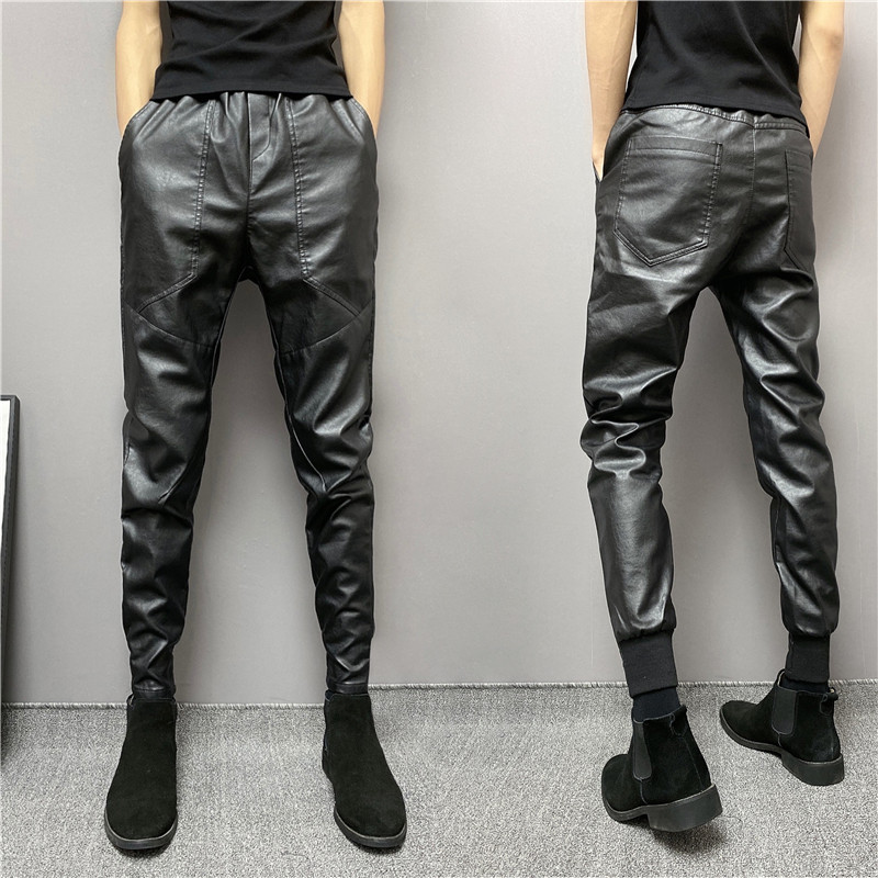 2021 new fall men's foot casual leather pants Korean version with bright side spirit small guys tapered bunch foot pencil pants