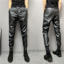 2021 new fall mens foot casual leather pants Korean version with bright side spirit small guys tapered bunch foot pencil pants