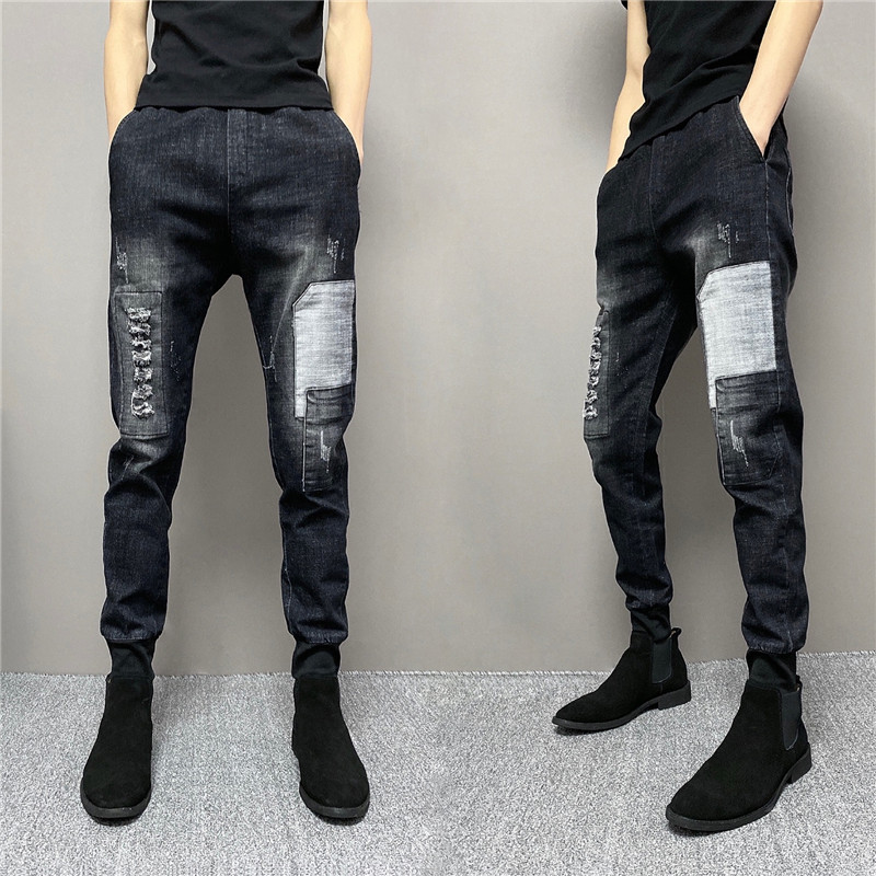 Fall Men's Body Small Footed Casual Jeans Splicing Patched Patty Fashion Bouquet Stomp Pants 2021 New Elastic Pencil Pants
