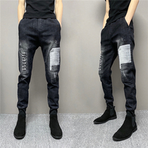 Autumn men slim small feet casual jeans stitching patch trend drawstring pants 2021 New elastic pencil pants