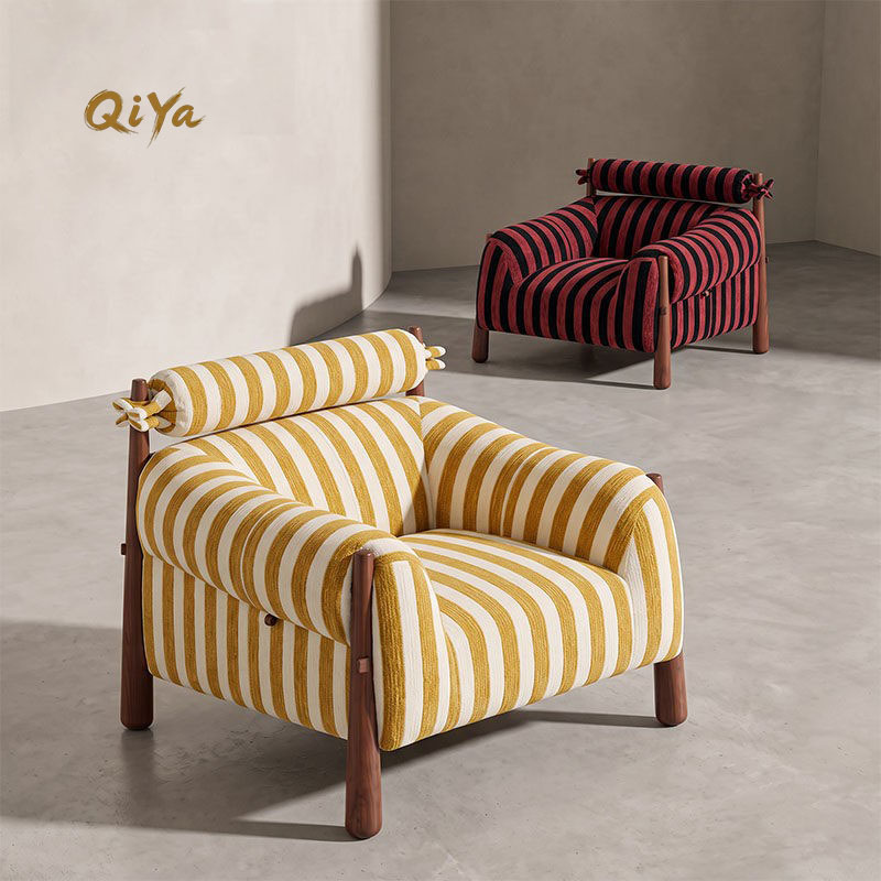 Modern Simple Chenille Stripes Single Sofa Chair Solid Wood Legs Leisure Chair Living Room Furniture
