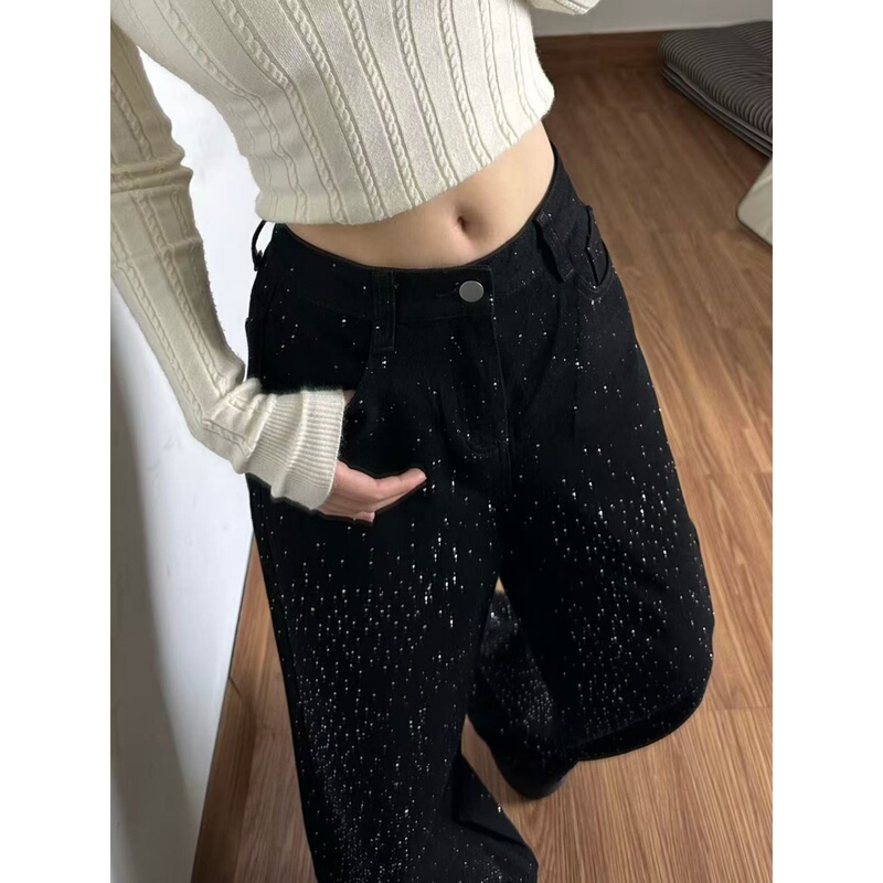 American Retro Washed Star-Pattern Rhinestone Black Wide-Leg Jeans for Women, New Autumn and Winter Slimming Floor-Length Casual Pants