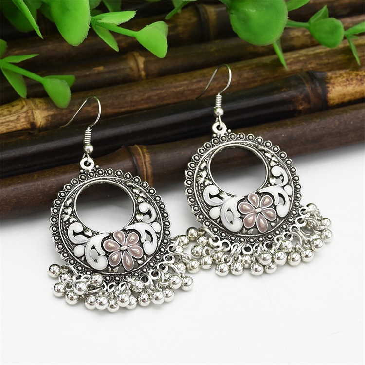 Edwin European and American fashion Bohemia National style old goods silver inlaid enamel small flower ball Bell tassel earrings female