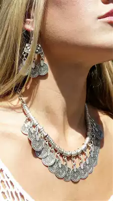 European and American jewelry Retro wild tassel alloy coin pendant Clavicle chain female earrings necklace set