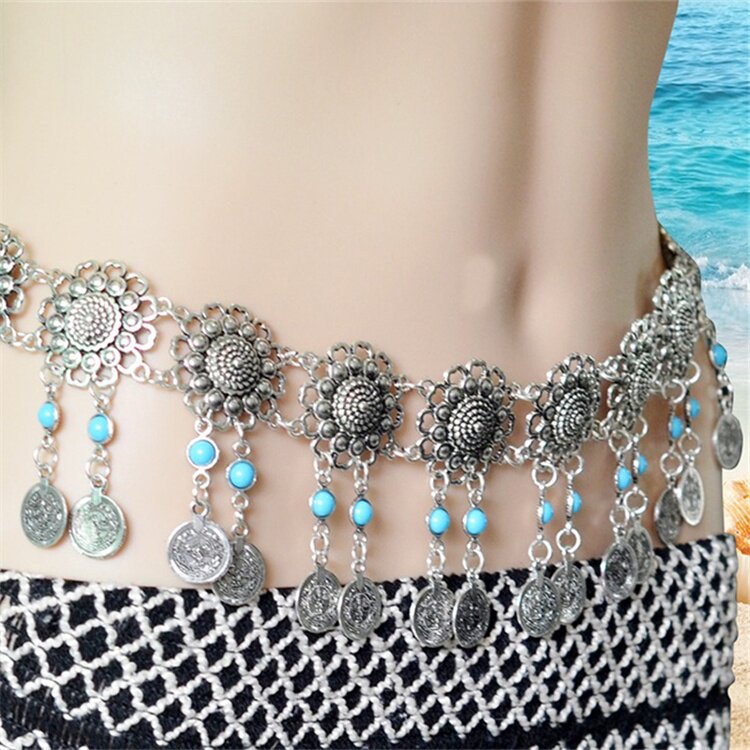 New National Wind performance belt rhinestone metal Sunflower tassel dance coin beginner belly dance waist chain