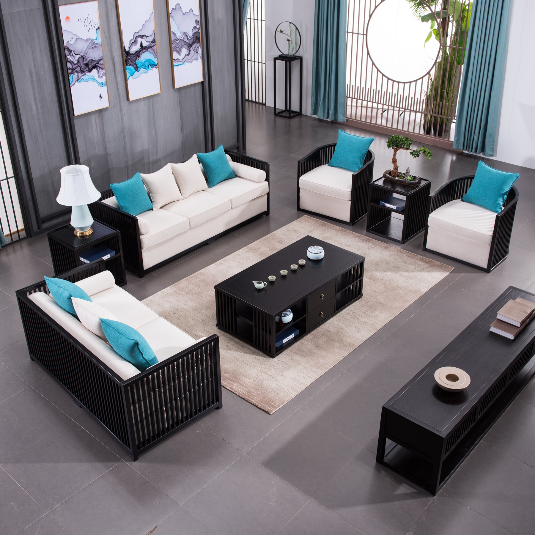 New Chinese folk accommodation Villa Living Room Hotel Casual Composition Modern Simplicity Mediaon Sofa Solid Wood Furniture Custom