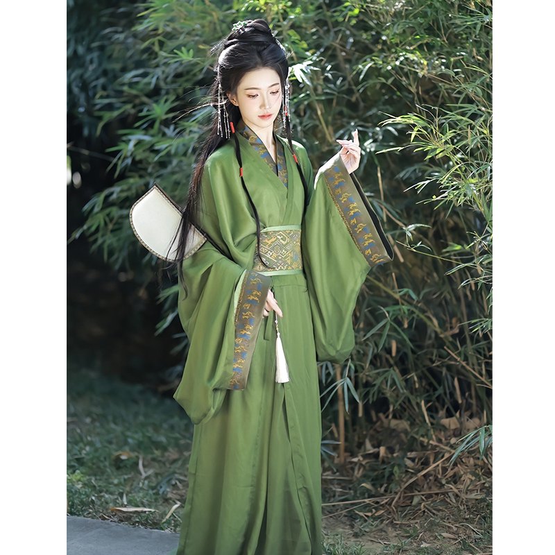 Green Warring States Period Robe Hanfu 2026 New Style Ma Shan Chu Tomb Ancient Costume Straight Hem Cross-Collar Large Sleeve Shirt Ancient Style Performance Outfit