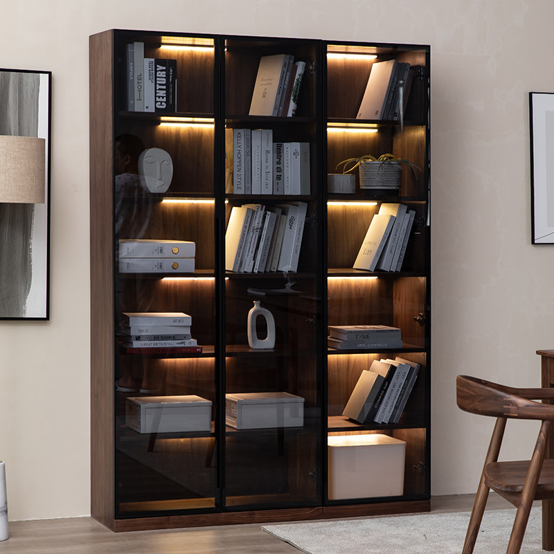 North American black walnut bookcase combination ultra-narrow frame glass cabinet modern minimalist Nordic minimalist living room display cabinet