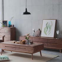 North American Black Walnut TV Cabinet Modern Simple Double Drawer Nordic Floor Cabinet Solid Wood TV Cabinet Coffee Table Combination